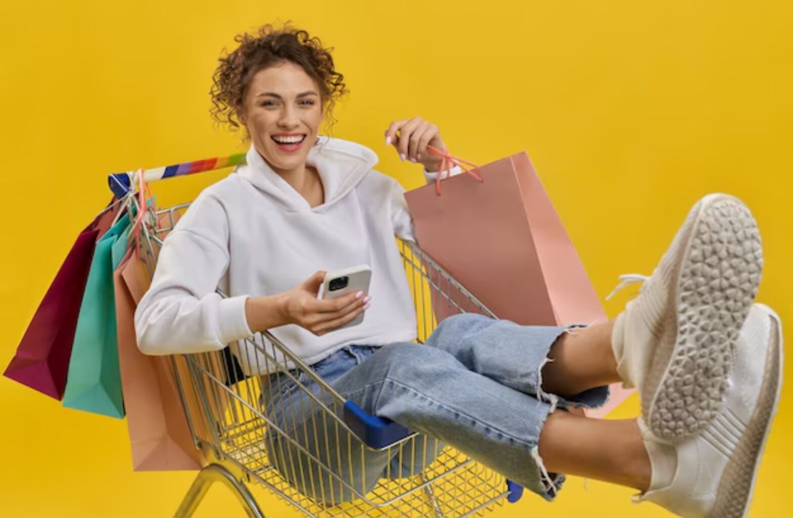 A woman relaxes in a shopping cart with her feet up, enjoying her shopping experience on eBay Marketplace Germany